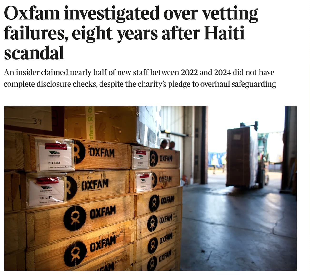 OXFAM INVESTIGATED OVER VETTING FAILURES, EIGHT YEARS AFTER HAITI SCANDAL, Times, Jan 2026