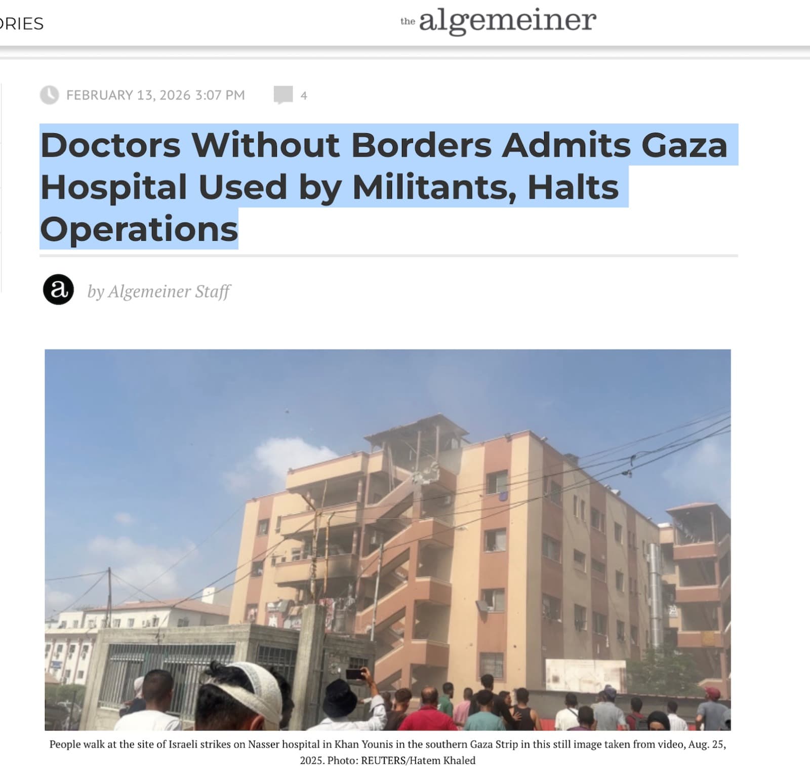 DOCTORS WITHOUT BORDERS ADMITS GAZA HOSPITAL USED BY MILITANTS, HALTS OPERATIONS, Algemeiner, Feb 2026