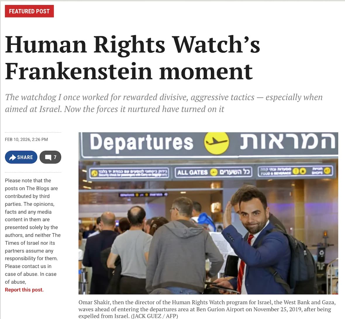 HUMAN RIGHTS WATCH'S FRANKENSTEIN MOMENT, Times of Israel, Feb 2026